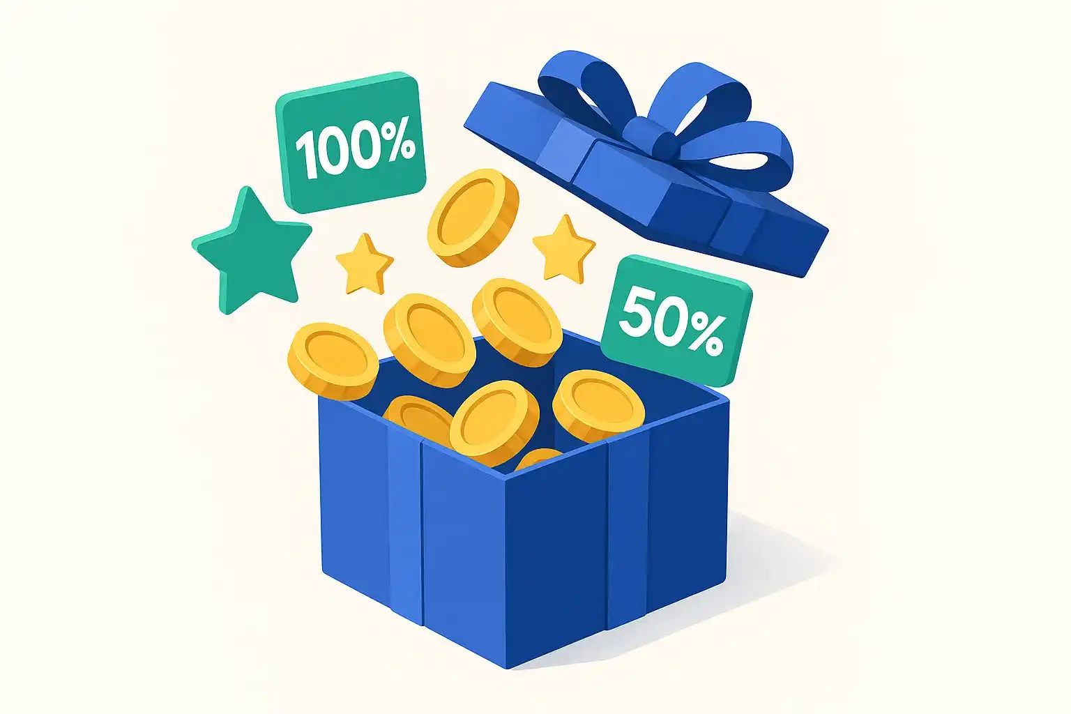 Illustrazione bonus di benvenuto con regalo, monete e simboli percentuale per primo deposito scommesse