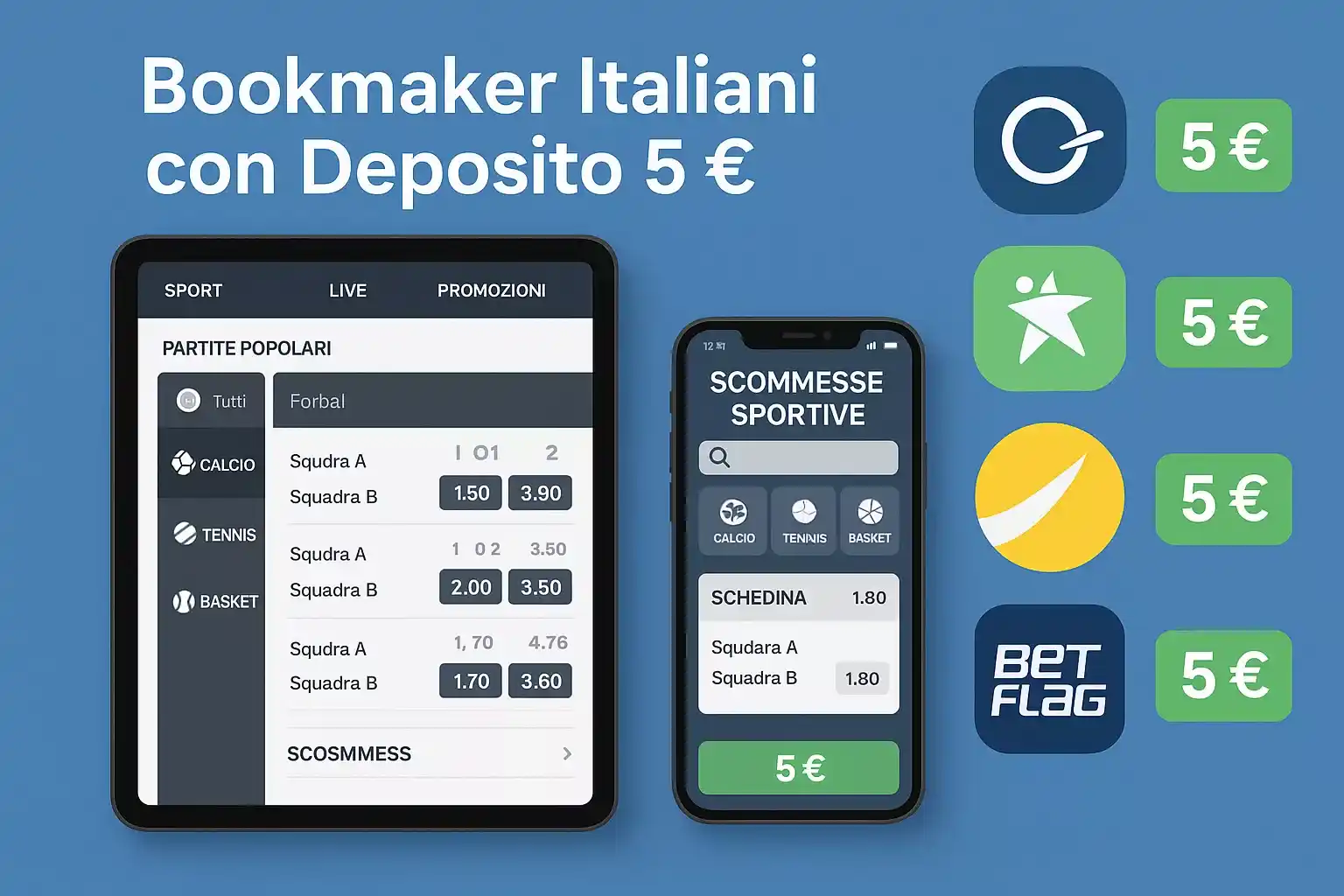 Bookmaker italiani con deposito minimo 5 euro: Snai, Sisal, Lottomatica, Betflag e Goldbet su tablet e smartphone