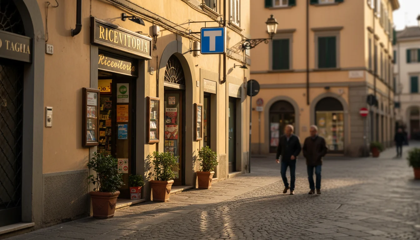 Esterno di una tabaccheria italiana con insegna ricevitoria