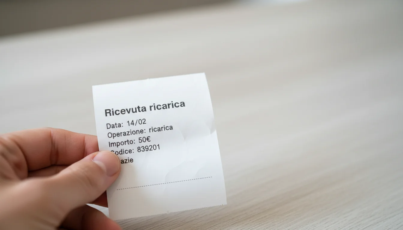 Mano che tiene una ricevuta di ricarica scommesse