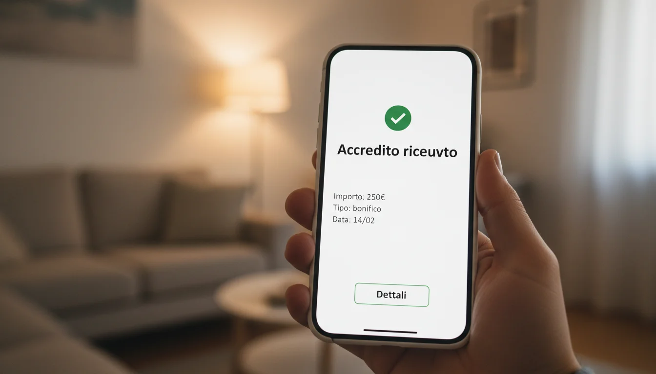 App bancaria che mostra accredito vincite