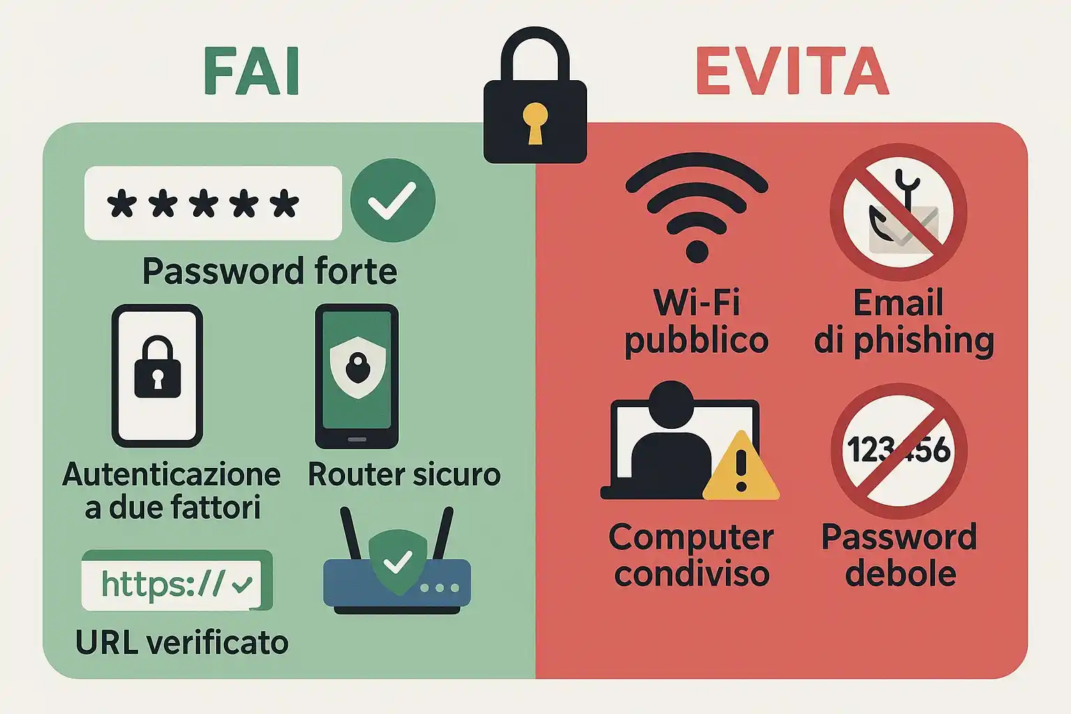Comportamenti sicuri nelle scommesse online: password forte con spunta verde, autenticazione 2FA, WiFi domestico protetto contro WiFi pubblico con X rossa e email phishing barrata
