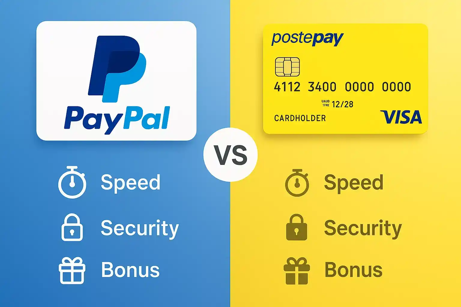 Confronto PayPal vs Postepay per scommesse: infografica con logo PayPal blu a sinistra, carta Postepay gialla a destra e simbolo VS al centro