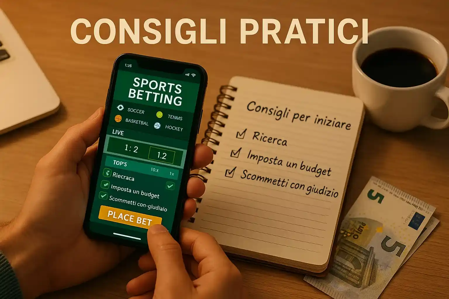 Consigli per principianti scommesse con budget ridotto: mani con smartphone app betting, checklist consigli e banconote da 5 euro