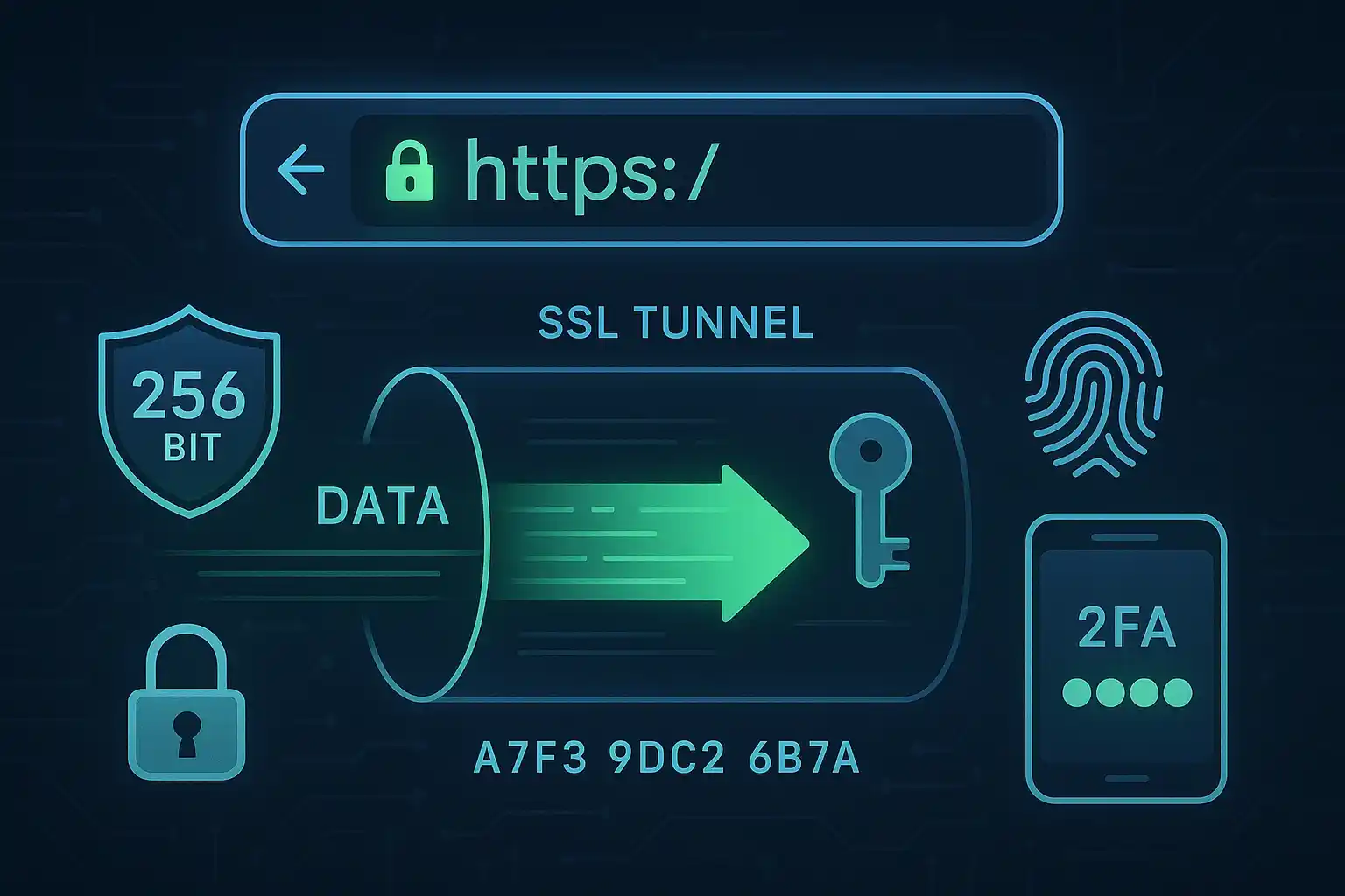 Crittografia SSL per scommesse online: barra browser con HTTPS e lucchetto verde, tunnel dati crittografati, autenticazione a due fattori su smartphone e chiave 256-bit