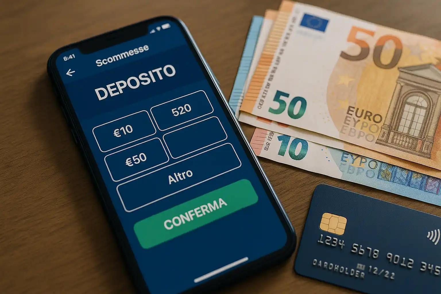 Smartphone con app scommesse e schermata deposito su scrivania con euro e carta di credito