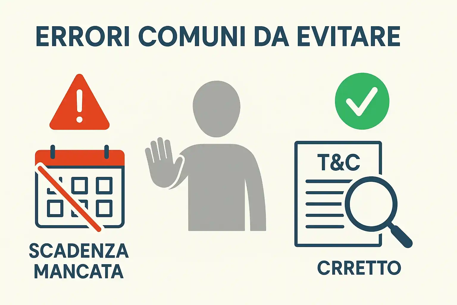 Errori comuni bonus scommesse da evitare: simboli di avvertimento, scadenza mancata, termini e condizioni con lente