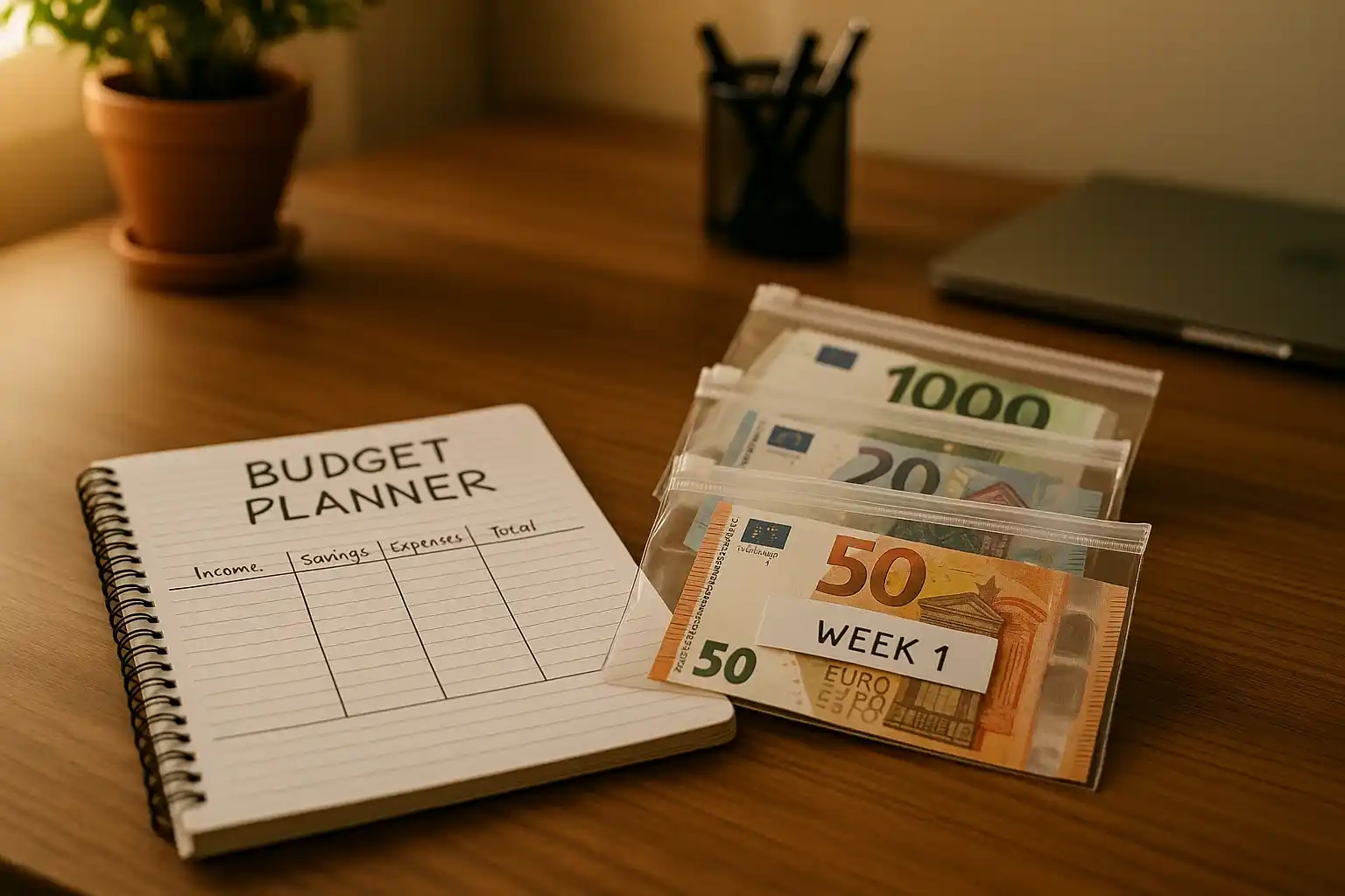 Gestione responsabile del bankroll per scommesse: calcolatrice, budget e banconote euro organizzate