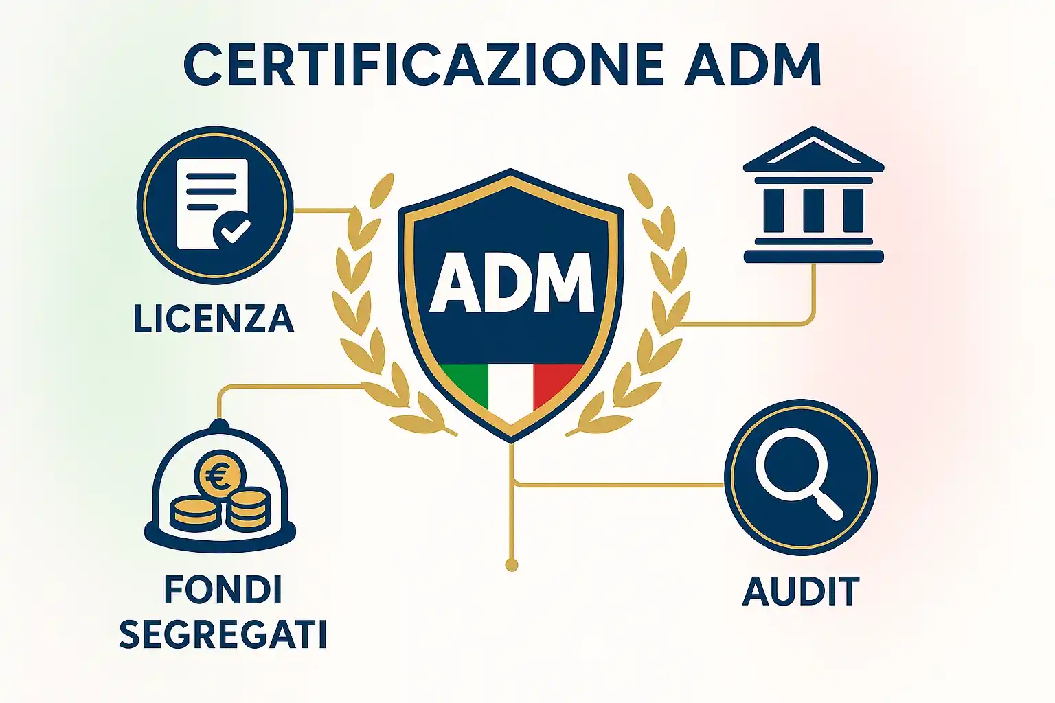 Licenza ADM per scommesse sicure: logo ufficiale ADM con scudo e tricolore italiano, badge certificazione, documenti approvazione e fondi segregati protetti