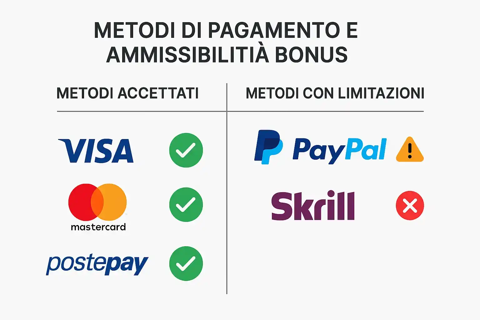 Metodi di pagamento per bonus scommesse: carte Visa e Mastercard accettate, PayPal e Skrill con restrizioni, Postepay