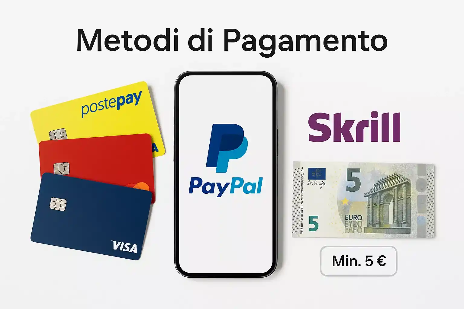 Metodi di pagamento per deposito minimo scommesse: carte Visa, Mastercard, Postepay gialla, PayPal e Skrill con banconota 5 euro