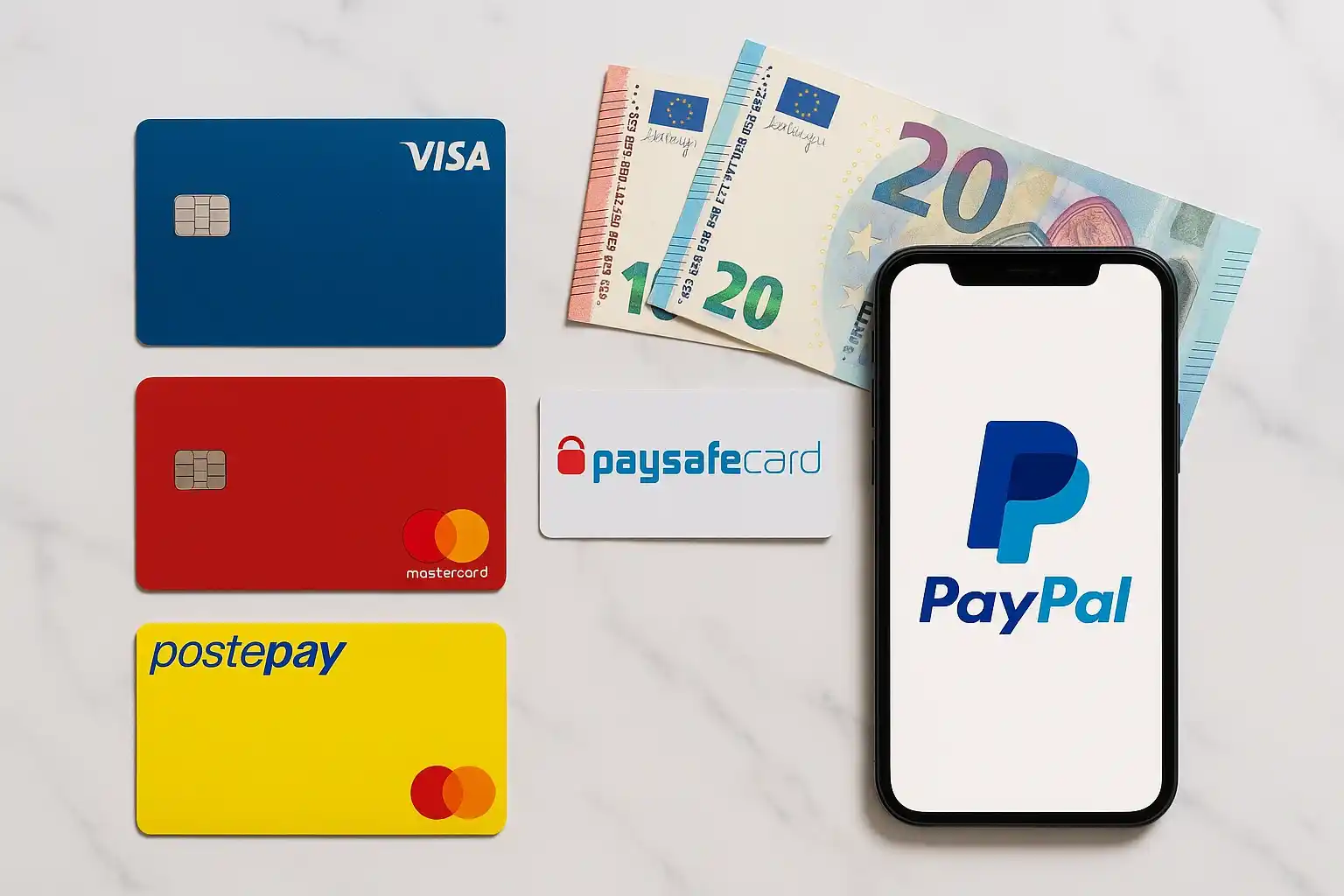 Metodi di pagamento per scommesse in Italia: carte Visa, Mastercard, Postepay, PayPal, Paysafecard ed euro