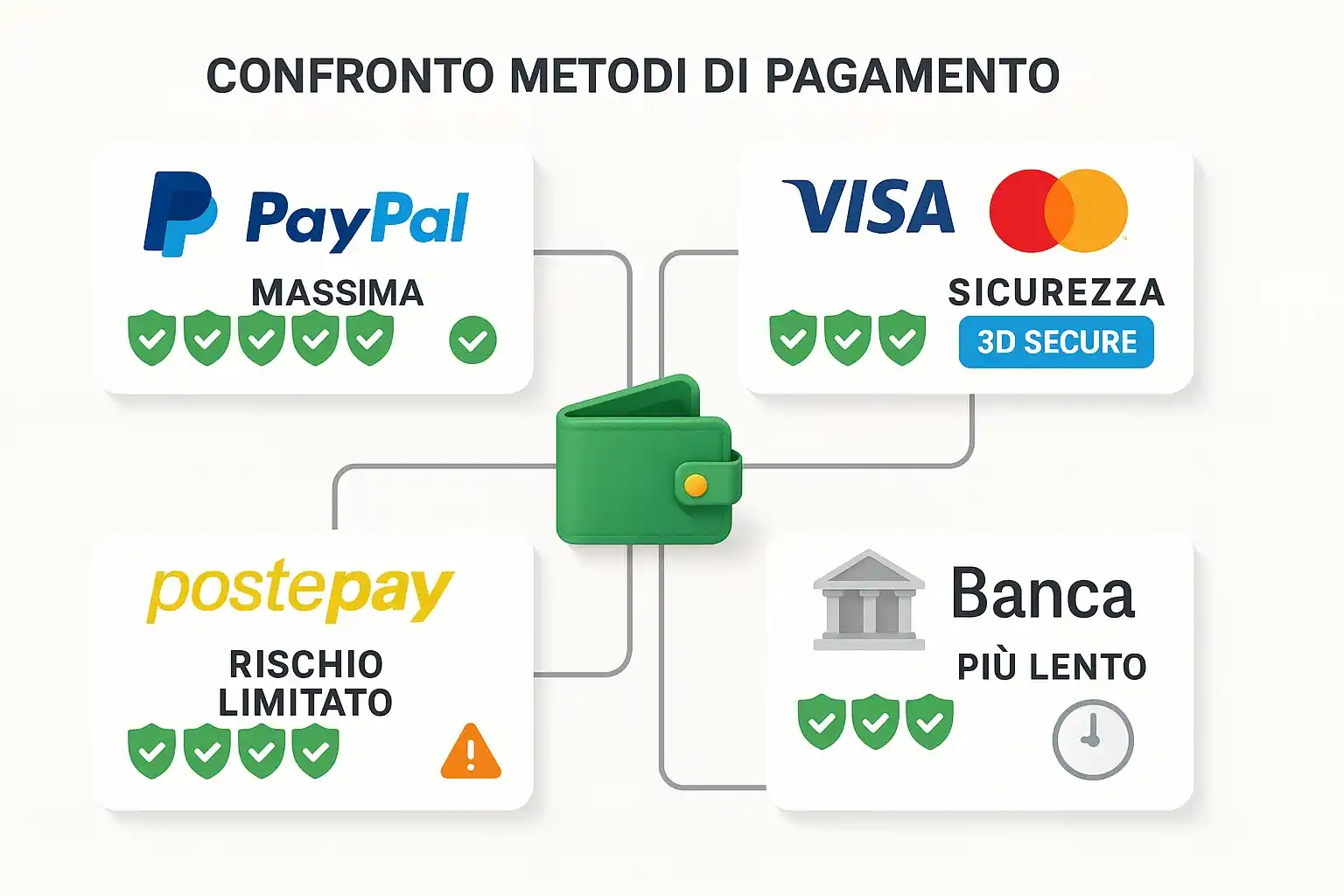 Metodi di pagamento sicuri per scommesse: PayPal con massima sicurezza, Visa e Mastercard con 3D Secure, Postepay con rischio limitato e bonifico bancario tracciabile