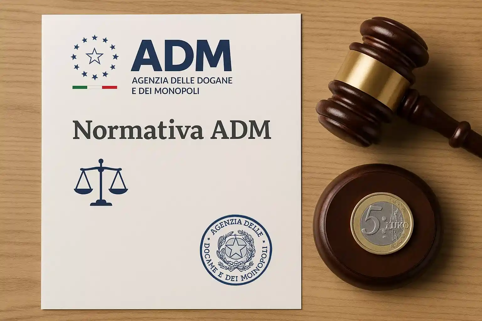 Normativa ADM italiana sul deposito minimo: documento ufficiale con logo Agenzia Dogane Monopoli e moneta da 5 euro