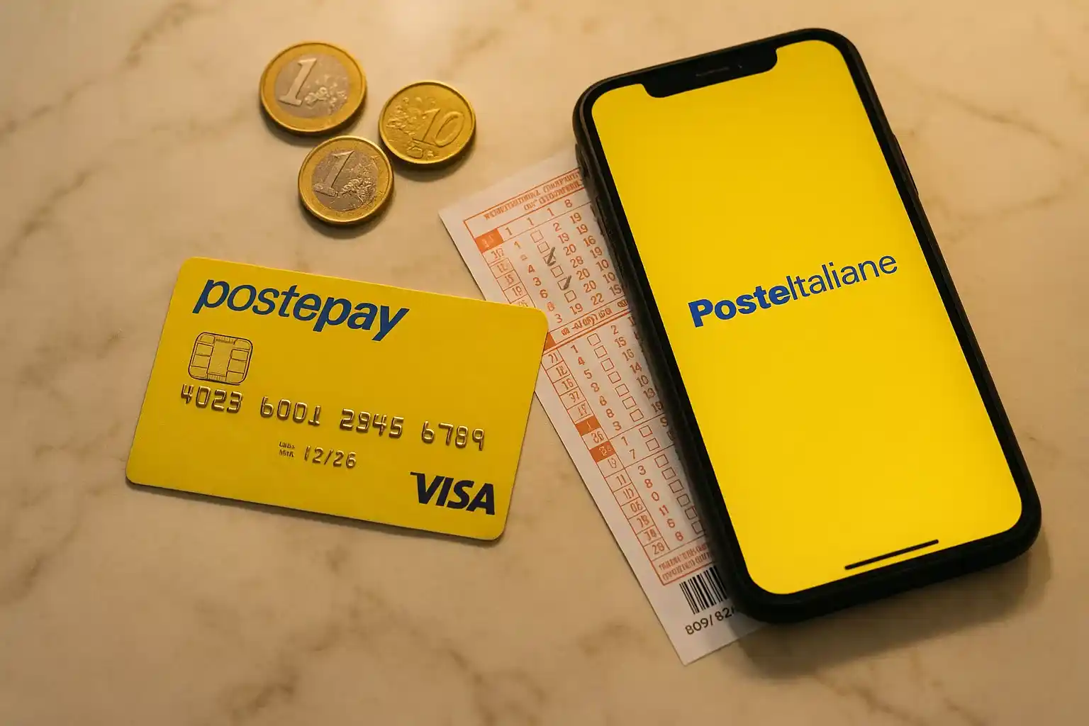 Carta Postepay gialla per scommesse sportive: carta prepagata su superficie in marmo con app Poste Italiane, monete euro e schedina scommesse