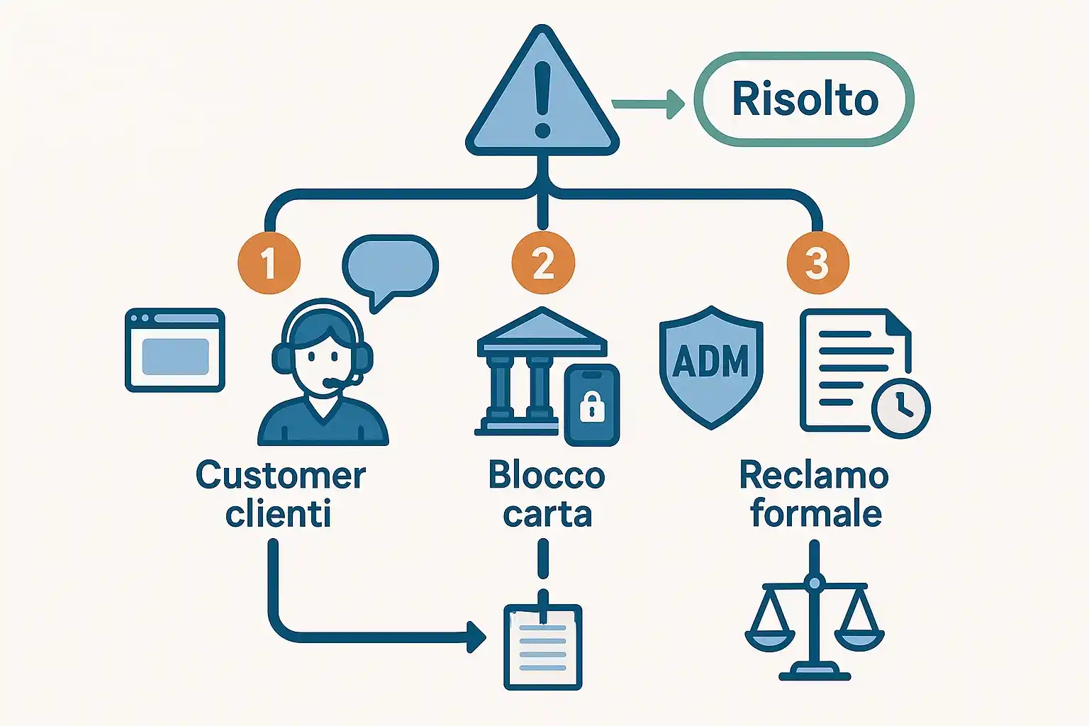 Cosa fare se qualcosa va storto con depositi scommesse: flowchart con assistenza clienti, contatto banca, reclamo ADM e consulenza legale per risolvere problemi