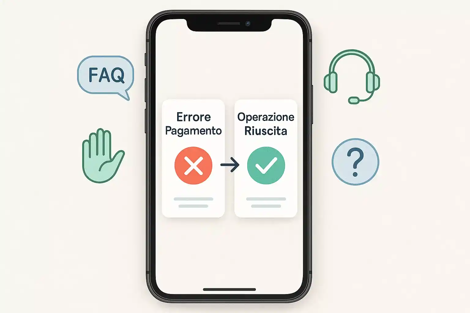 Risoluzione problemi pagamenti scommesse: smartphone con messaggio errore che diventa successo, cuffia supporto clienti, icone FAQ