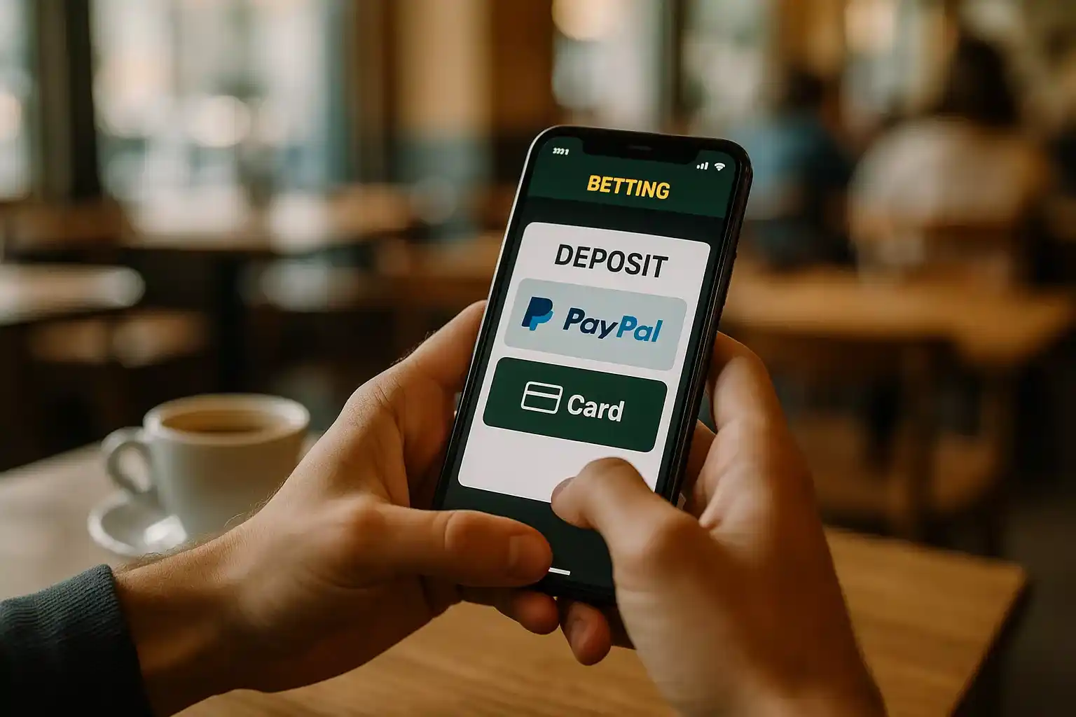 Scommesse da mobile: mani che tengono smartphone con app scommesse aperta, opzioni di pagamento PayPal e carta, sfondo bar sfocato