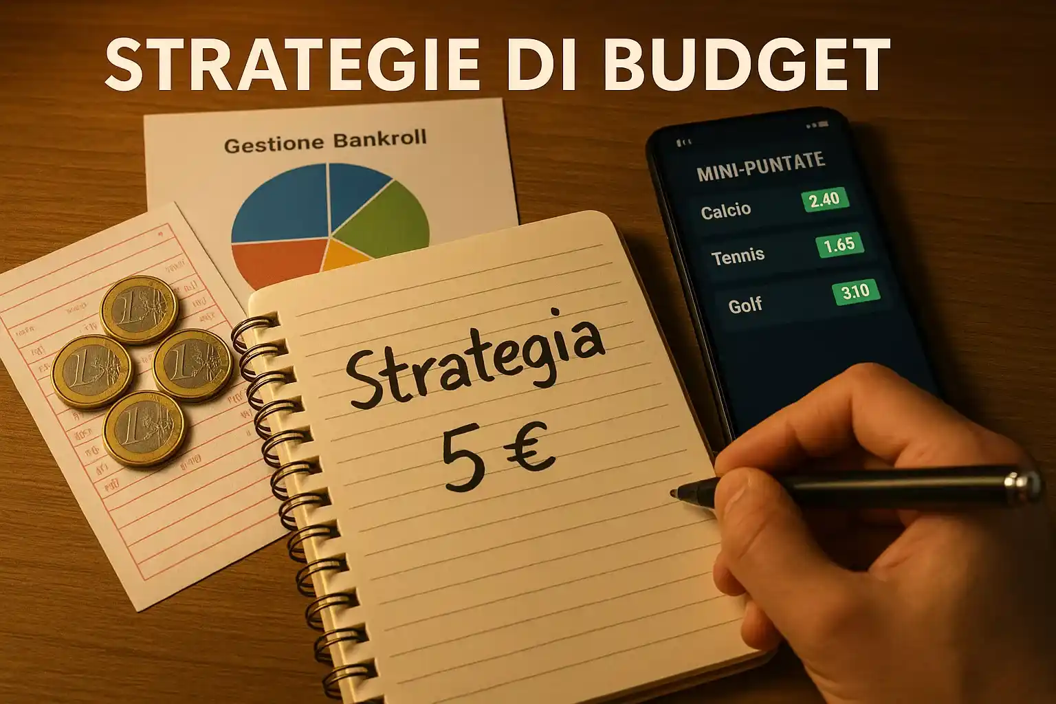 Strategie per scommettere con budget di 5 euro: monete da 1 euro su schedina, grafico gestione bankroll e smartphone con app betting
